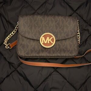 Michael Kors Dark Brown Crossbody Bag with Gold Accents